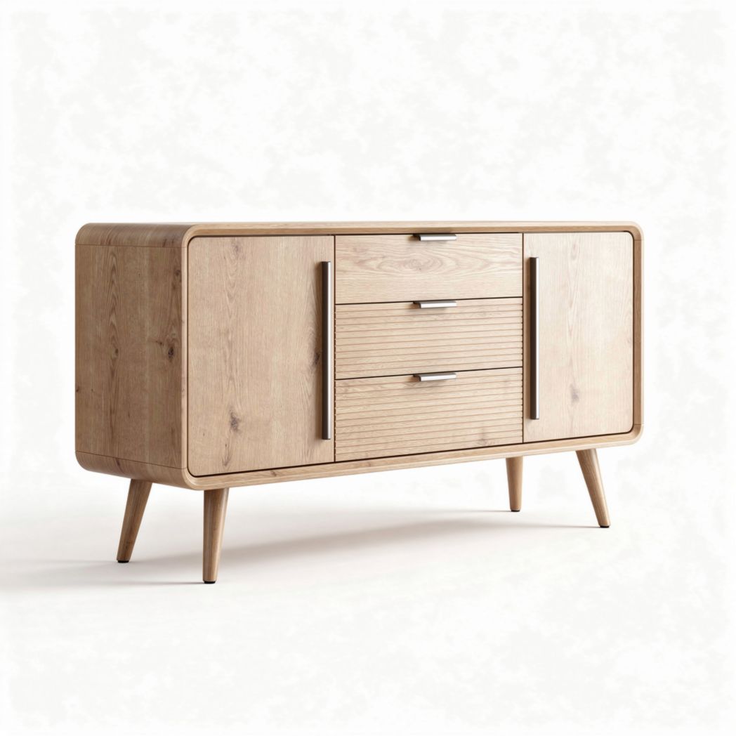 Mobiletto in legno chiaro con tre cassetti e due ante 150 x 45 x 75cm