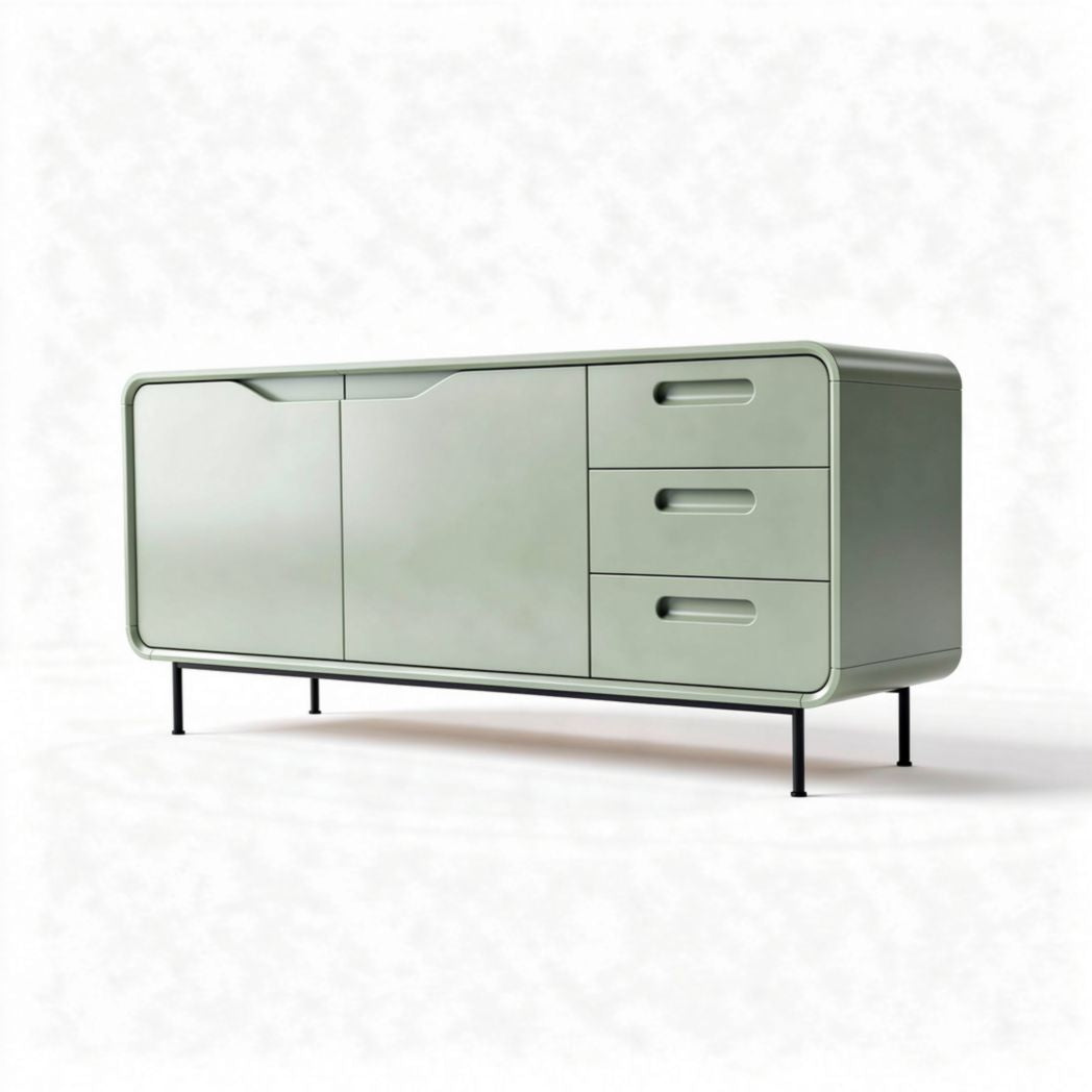 Mobiletto basso verde in metallo con 3 cassetti e 1 anta 150 x 45 x 70cm