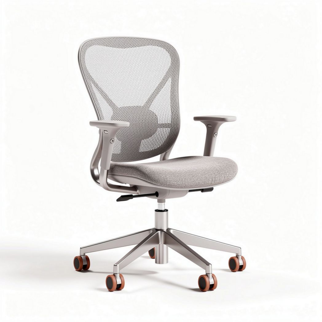 Sedia da ufficio ergonomica in rete grigia con braccioli e base girevole