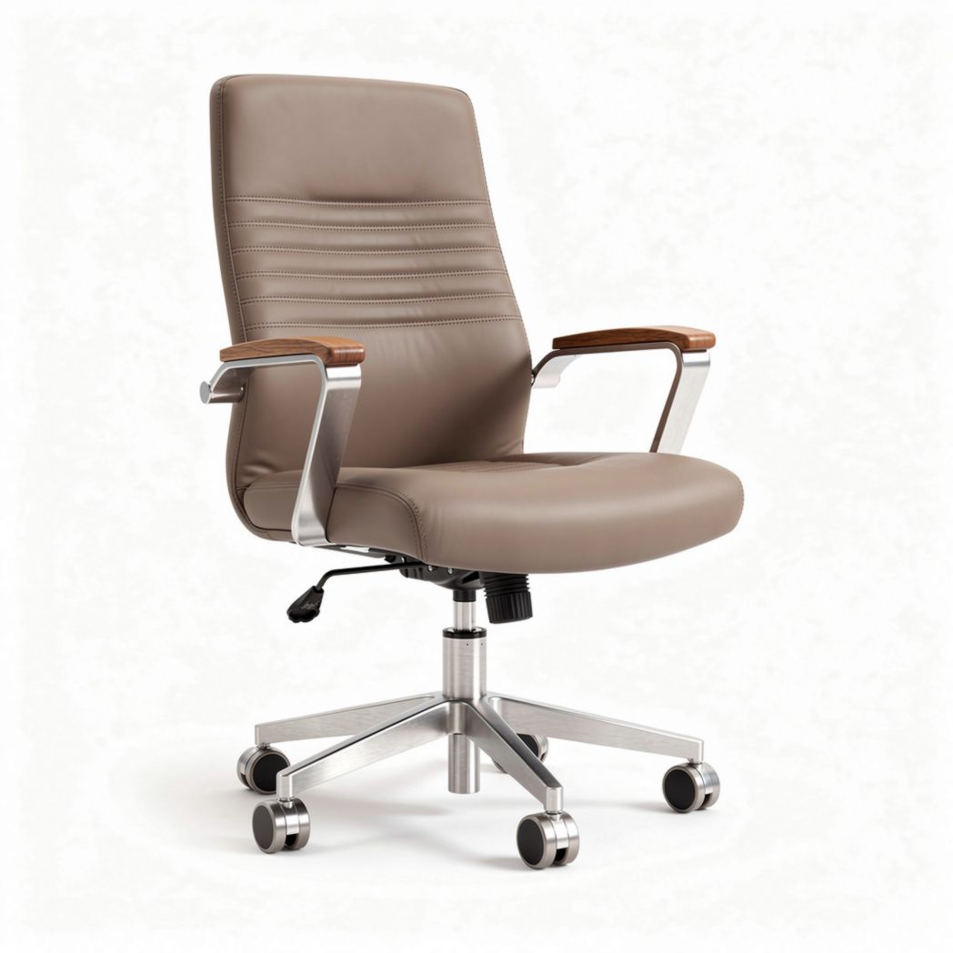 Sedia da ufficio girevole in pelle sintetica beige con braccioli in legno dimensioni 60 x 60 x 110cm