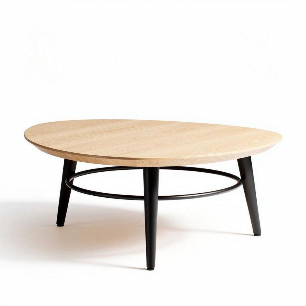 Tavolino da caffè in legno chiaro con base nera diametro 100 cm altezza 40 cm